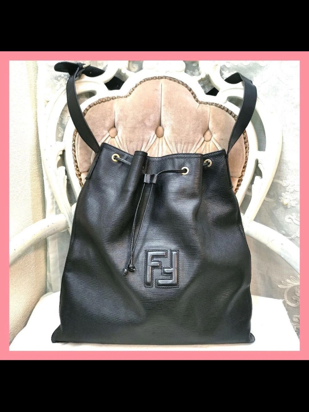 Fendi Black Leather Drawstring Shoulder Bag with Embossed FF